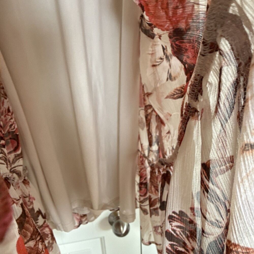 H&M Ivory Red Floral Chiffon Mini Dress 2 V-Neck Balloon Long Sleeve Lined - Picture 5 of 13